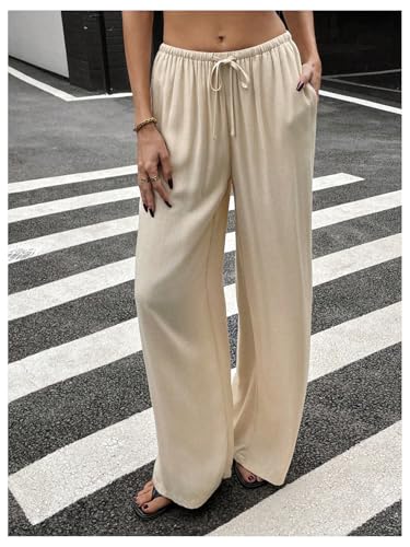 SHENHE Women's Summer Linen Low Rise Drawstring Wide Leg Beach Palazzo Pants Trousers4