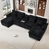U Shaped Cloud Couch Sectional Sofa, 124' Comfy Fluffy Chenille Dark Black Sectional Couches for Living Room with Double Chaise Lounge, Modern Modular Sofa with Central Console & USB Port