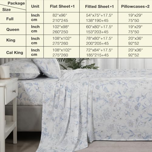 Image of Blue Floral Neutral Percale Bed Sheets King Size Deep Pocket, 4Pcs