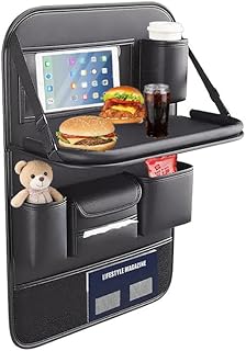 Auto Organizer mit Tisch Leder, Autoaufbewahrung für Kinder mit Klapptisch, Rückenlehnenschutz für Vordersitz & Rücksitz Reisetisch (Schwarz)