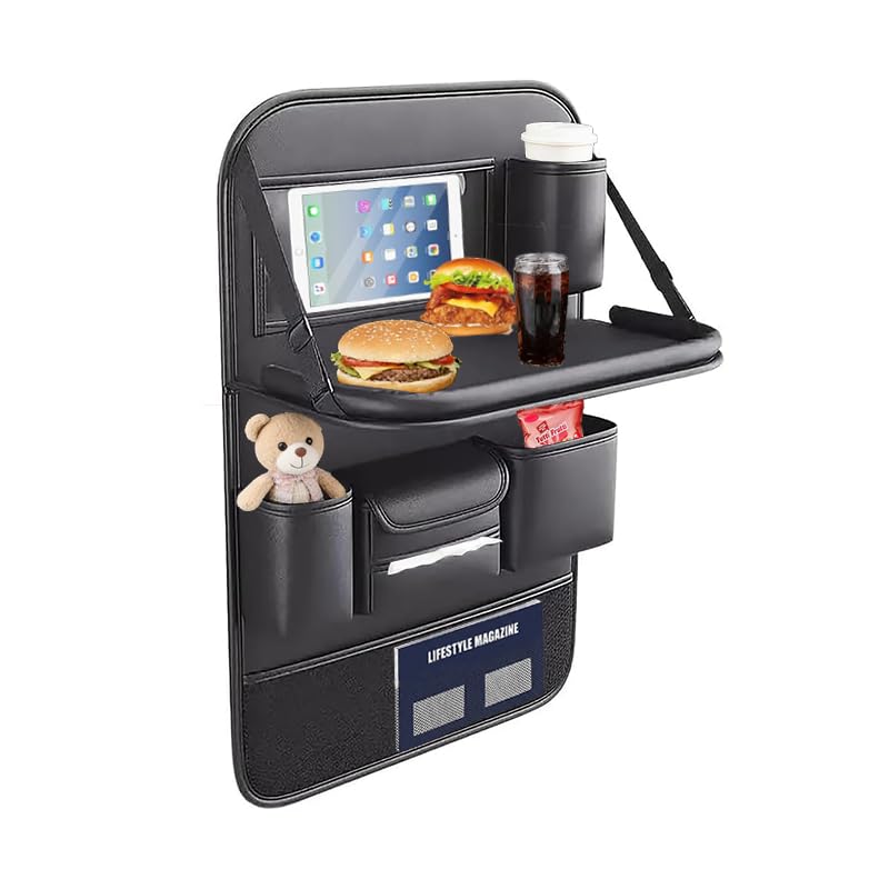 Mautopily Auto Organizer mit Tisch Leder, Autoaufbewahrung für Kinder mit Klapptisch, Rückenlehnenschutz für Vordersitz & Rücksitz Reisetisch (Schwarz)