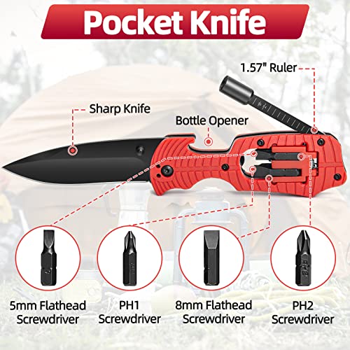 Pocket Knife, 7 In 1 Multitool Stainless Steel Folding Knife With Screwdrivers Bottle Opener Small Ruler Safety Lock Camping Accessories Survival Gear Gifts For Him Men Dad Husband Boyfriend (Red) #TOP1