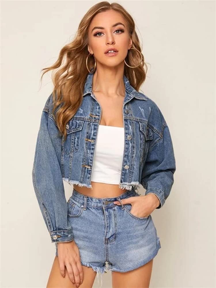 Veste en jean femme d'automne manteau denim court simple boutonnage