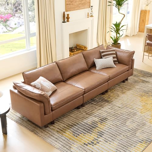Image of CHITA 127 inch Super Large Sectional Couches for Living Room, Modular Cloud Couch Sectional Sofa, Premium Genuine Leather Sofa, Down Filled, High Density Foam, Real Leather in Saddle, 3 Seater