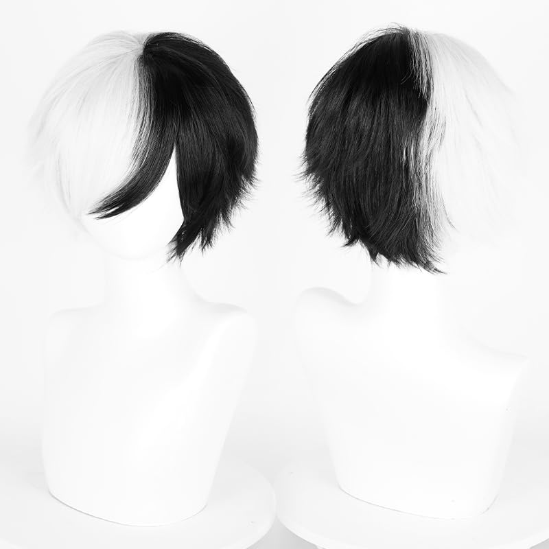 Image of Max Beauty Unisex Anime Short Black and White Cosplay Wig With Bangs Heat Resistant Hair for Party Halloween Costume + Free Cap (Two Tone)