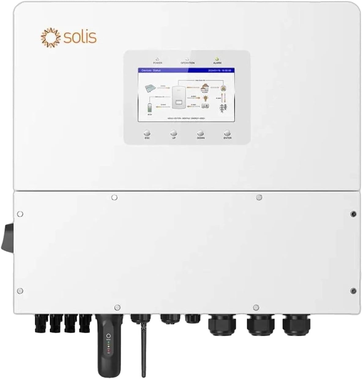Inverter Fotovoltaico Alta Tensione Solis Trifase Ibrido On-Grid/Off-Grid, Quadruplo MPPT, CEI 0-21, Schermo LCD, Meter e TA Inclusi, Garanzia 10 Anni IP66 12kW