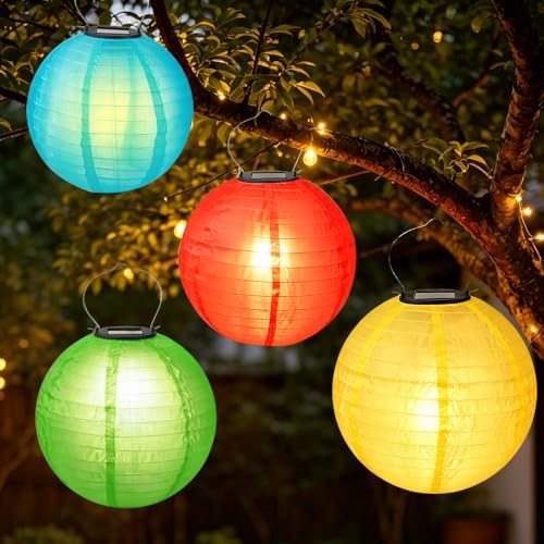 Nzkeuf 4 Pièces Lampion Solaire Exterieur, 20cm Lanternes Solaires D'extérieur, Lanterne Solaire Suspendue Étanche avec 4 Couleurs, Lanterne Solaire...