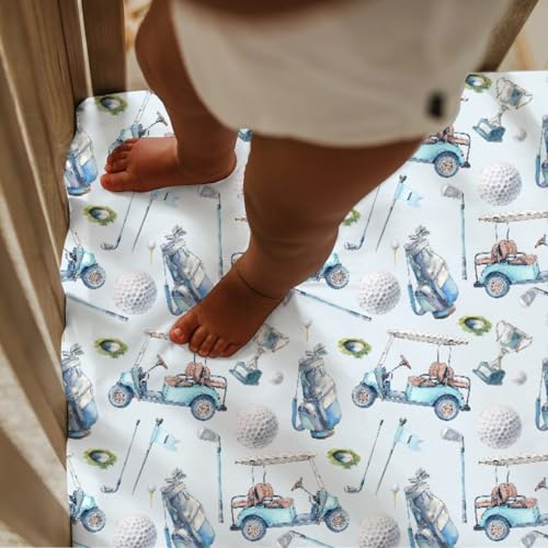 Image of Baby Boys Standard Crib Sheet Covers Golf Gear Sport, Watercolor Blue Ball Glove Car Stick Snug Fitted Toddler Mattress Sheet, Soft Stretchy Breathable Kids Nursery Bed Decor Gift 52 x 28