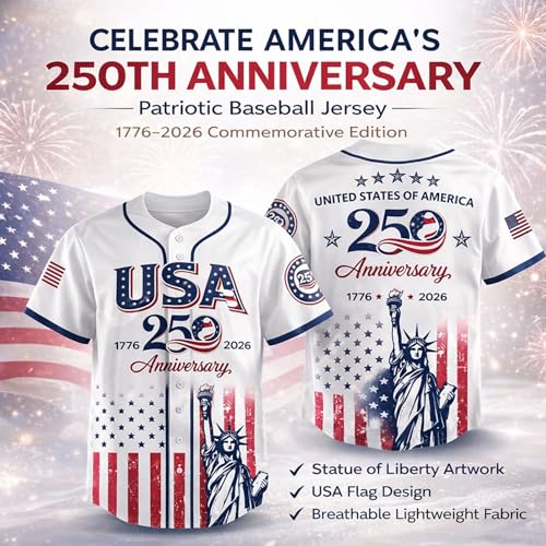 Camiseta de béisbol patriótica de aniversario 250 de USA con estampado Estatua de la Libertad y bandera, botones, talla X-Large miniatura 2