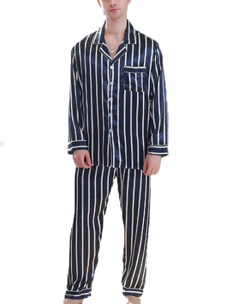 oneforus Men's Silk Pajama Set Cool and Comfortable Long Sleeves and Trousers Pajamas Striped Homewear Set
