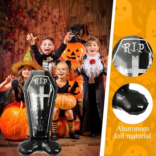 Image of Rozi Decoration Self Standing R.I.P Tombstone Balloon - 58 Inch Halloween Decoration with Feather Base for Graveyard Party Decor
