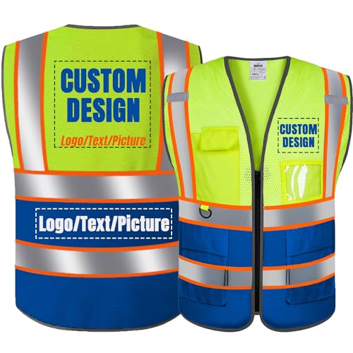 Custom Safety Vest Customized Logo Class 2 High Visibility Reflective Vest with Pockets Breathable Mesh Workwear Yellow Blue