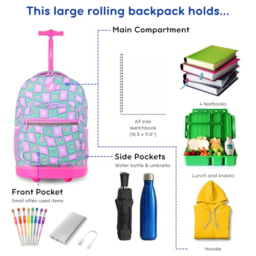 Image of J World Sunrise Kids Rolling Backpack with Wheels for Girls Boys, Roller Bookbag for School, 18 x 13 x 9 Inches, Puffy Flower