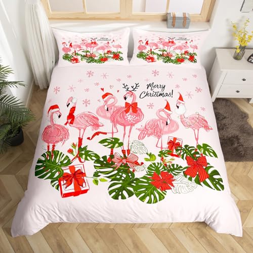 Merry Christmas Duvet Cover Set Full Size,Pink Flamingo Cartoon Bird Animal Comforter Cover with 2 Pillowcases,Winter Snowflake Green Leaves Breathable Bedspread for Boys Teens,Pillow Sham
