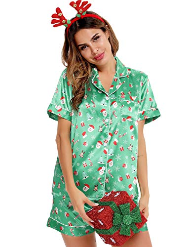 Image of SWOMOG Womens Silk Satin Pajamas Set Short Sleeve Sleepwear Button Down Top and Shorts Loungewear 2 Piece Pjs Set XS-3XL