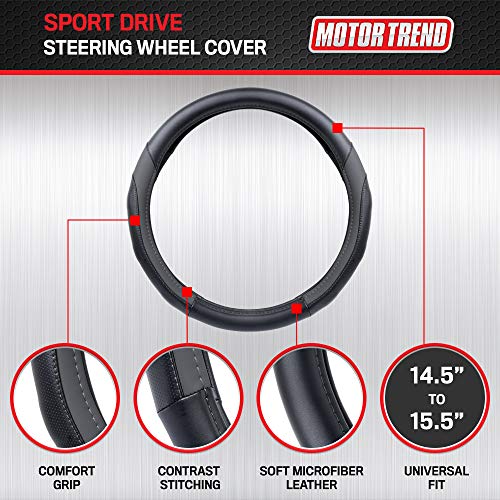Image of Motor Trend SportDrive Faux Leather Steering Wheel Cover, Standard 15 inch Size, Two-Tone Black & Dark Gray, Car Steering Wheel Cover for Truck Van SUV Auto
