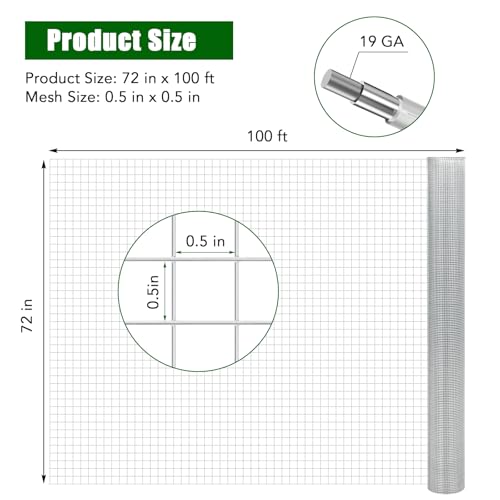 GarveeTech Hardware Cloth 1/2 in 72 x 100 ft 19 Gauge Chicken Wire Fence Galvanized Steel Mesh Rolled Fencing for Garden Supports Poultry Netting Cage Snake Fence Tree Guard, Silver by GarveeTech - Used condition - Image 2
