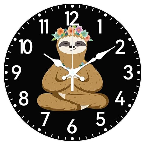 CHGCRAFT Cartoon Yoga Sloth Pattern Wall Clock 12 Inch Non-Ticking