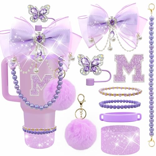 Letter Stickers Bling Accessories Set for Stanley 40/30/20 oz Tumbler: Bow Straw Topper Charms Butterfly Cap Pearl Strap Silicone Boot Accessories for Stanley Quencher H2.0 (M Purple Plum)