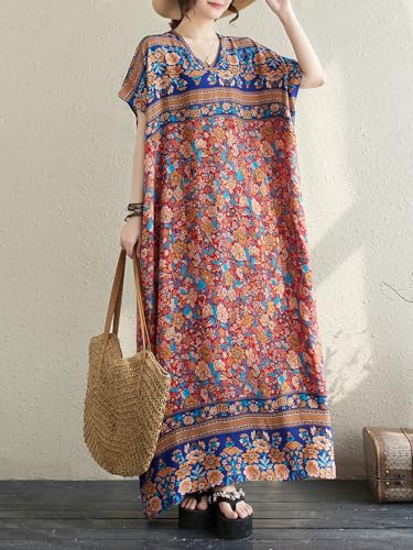 Image of Summer Floral Plus Size Dresses for Women V Neck Casual Loose Dress with Side Pockets