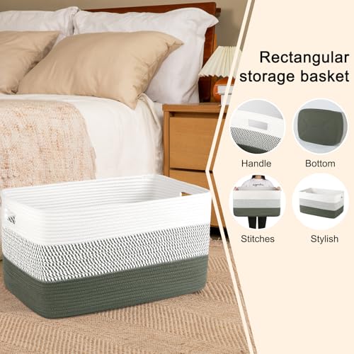 Image of OIAHOMY Large Blanket Basket, 22 inchx17 inchx12 inch Rectangle Woven Baskets, Nursery Blanket Storage Living Room, Toy Storage With Handle, Large Baskets for Organizing-Green /White