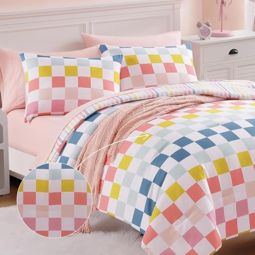 Image of Queen Comforter Set with Sheets for Girls-7 Pieces Soft Queen Bedding Sets | Bed in A Bag Colorful Checkered Printed Comforter with Pillowcases & Shams, 90 inch X 90 inch