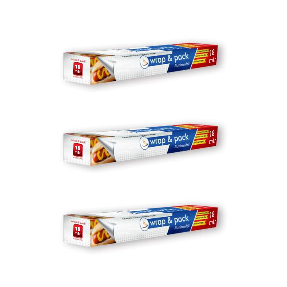 wrap & Pack Aluminium Foil 18 Meters for Food Packing, Cooking, Baking | Silver Foil for Kitchen Use| Foil Paper for Food Wrap 11 Microns Thickness (Pack of 3)