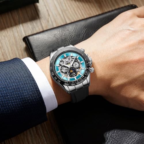 Image of OPK Men Analog Automatic Watches Waterproof Multifunction Chronograph Diamond Moon Phase Luminous Stainless Steel Band Wrist Watches