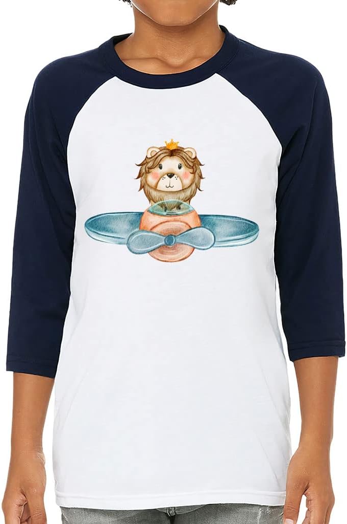Lion On Plane Kids' Baseball T-Shirt - Animal Art 3/4 Sleeve T-Shirt - Pilot Baseball Tee