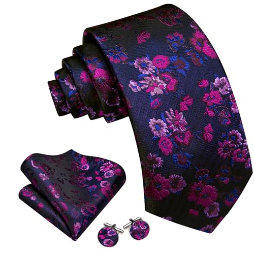 Image of Barry.Wang Flower Ties for Men Silk Woven Floral Tie Sets Necktie Handkerchief Cufflinks Wedding Party