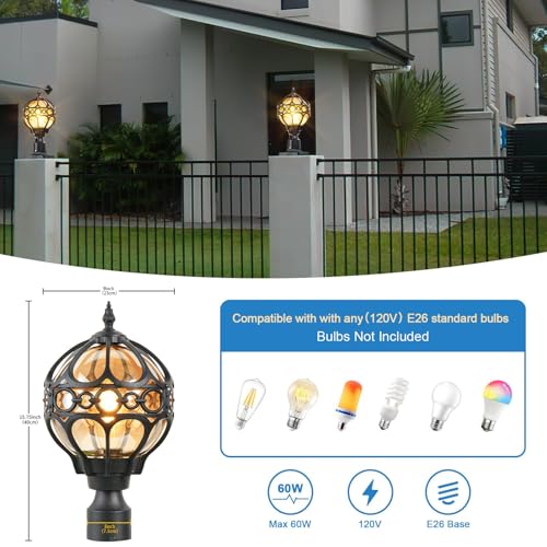 Soccer Ball Outdoor Post Light for Lawn Porch Yard Driveway, Black Globe Outside Pier Mount Post Light Fixtures, Waterproof Sphere Lamp Post Light, Exterior Pole Mount Light(Large,2 Pack)