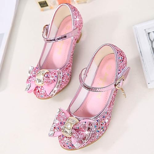 Yoawdats Girls Toddler Dress Shoes Sparkly Ruby Bowkno Flowert Wedding Party Bridesmaids Low Heel Princess Shoes for Kids (Pink, 18.7 cm)3