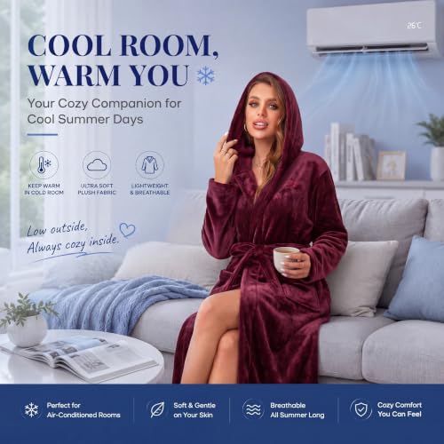 Image of RONGTAI Womens Robes Plush Fleece Hooded Bathrobe Thick Nightgown with Pockets Fluffy Sleepwear