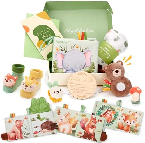 hahaland 9-in-1 Baby Shower Gifts for Boys & Girls with Swaddle Blanket, Infant Rattle Socks & Wristband Set, Crinkle Baby Books, Plush Rattle Toys, Wooden Milestone & Greeting Card, 0-12 Months Baby Sensory Toy Easter Gift Set