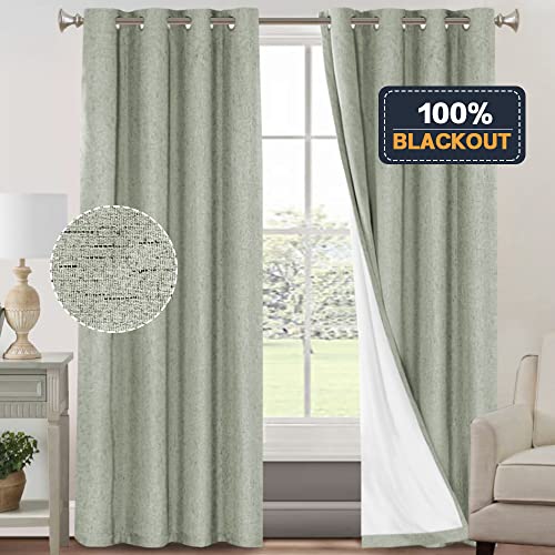 Image of PrinceDeco 100% Blackout Curtains for Bedroom Linen Black Out Curtains for Living Room 96 Inch Long Faux Linen Fabric Grommet Thermal Curtains for Summer Heat with White Liner,52X96 Inch,Sage