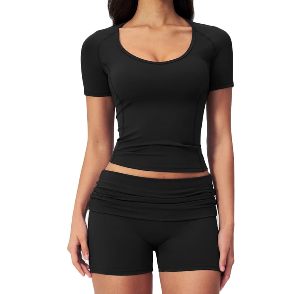XYFfybhsd Women's 2-Piece Workout Set, U-Neck Short Sleeve Compression Top & Fold-Over High Waist Biker Shorts(Size:S,Color:Black)