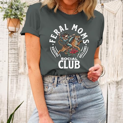 Image of Mama Shirts for Women Cool Feral Moms Social Club T-Shirt Vintage Western Graphic Shirt Funny Mothers Day Tee Tops