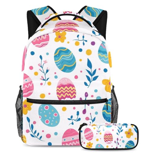 Sac à dos étudiant motif œufs de Pâques grand volume avec trousse scolaire fille garçon