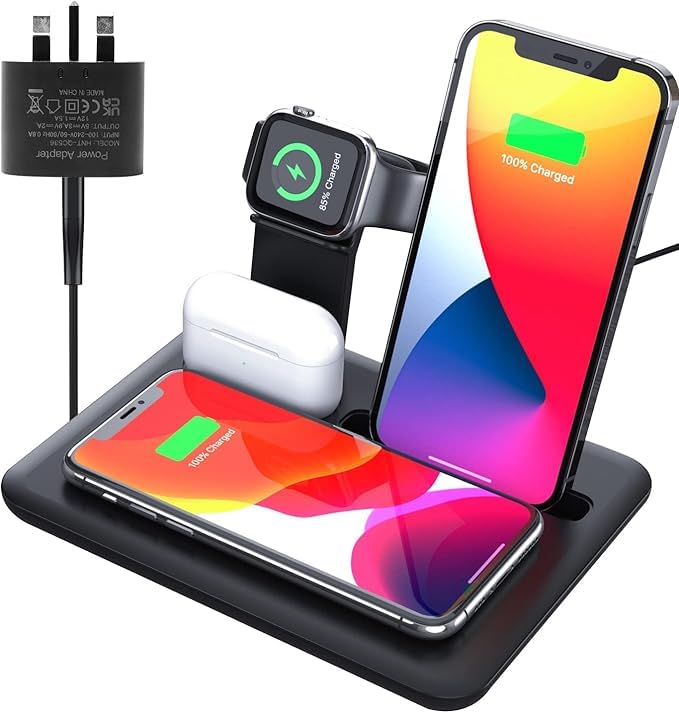INGUNAR Wireless Charging Station, 4-in-1 Multi-Device Wireless Charger, 15W Fast Charging for iPhone, Apple Watch, Airpods & Other Smartphones - Black
