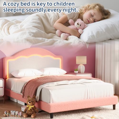 Image of GarveeHome Bed Frame with LED Headboard for Kids, Sherpa Upholstered Platform Bed Frame with Wood Slat Support, No Box Spring Required, Easy to Assemble (Pink, Twin)