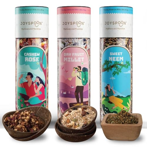 Image of JoySpoon Sweet Neem, Dry Fruit Millet & Cashew Rose Mukhwas Combo | Supari Free Mouth Freshener | Traditional Indian After-Meal Digestive Snack | No Artificial Colors or Preservatives | Pack of 3x100g