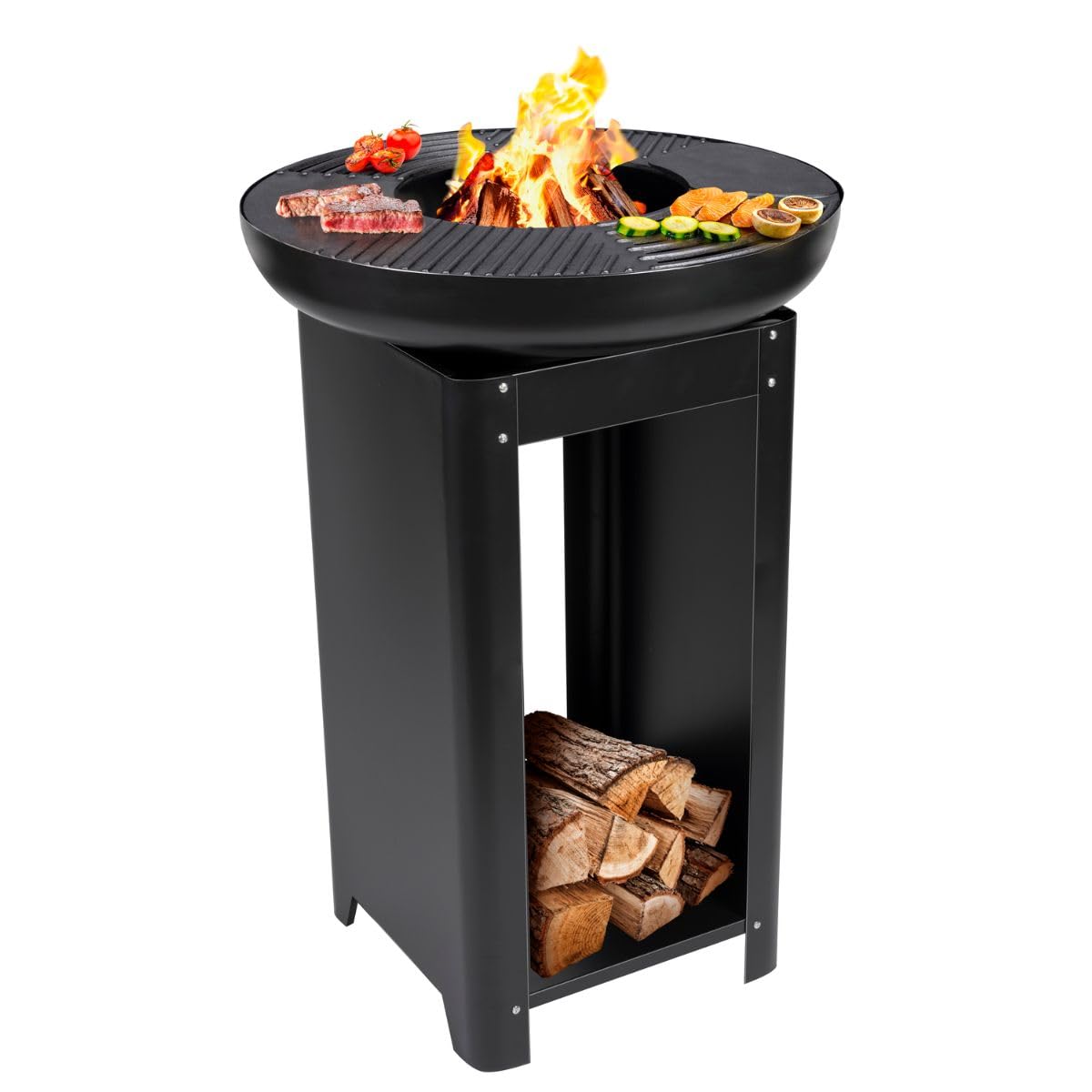 BBQ Collection 3-in-1 Feuerschale mit Grillrost - Feuerkorb 61 x 90 cm - Outdoor Küche mit Teppanyaki und BBQ Grillplatte - Plancha BBQ mit Holzlagerplatz - Gartenkamin für Außen - Metall