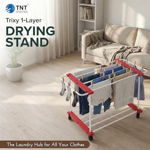 Image of TNT THE NEXT TREND Trixy 1 Layer Carbon Steel Indoor & Outdoor Clothes Drying Stand with U-Bar, Wheels, 16.7 ft Drying Space, (L96 x B45.3 x H65.5 cm), 5 Year Rust Proof Warranty, Cherry