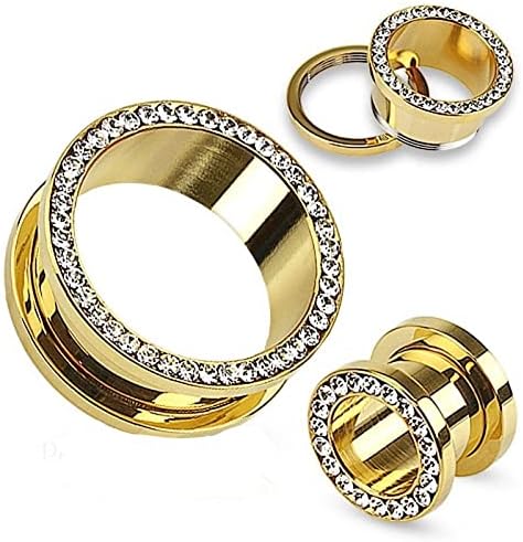 Screw-on 24k Gold Plated Plugs/Gauges/Tunnels with Clear CZ 7/8'' (22MM) 2 Pieces (1 Pair) (A/5/3/A/10)