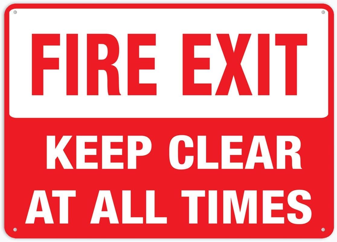 Fire Exit Keep Clear at All Times Rust Free Aluminum Tin Sign - Warning Decor with Pre-Drilled Holes for Indoor-Outdoor Office Fire Exit, Factory Corridor, School Exit - 8x12 Inch​