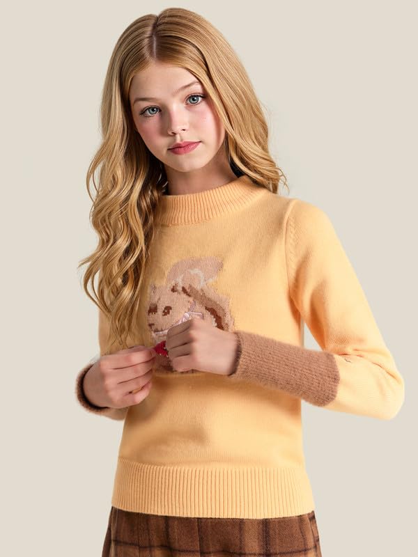 Girls Knit Shirts for Squirrel - Yellow Long Sleeve Top with Strawberry Embroidery & Fuzzy Sleeves 6-16Y3