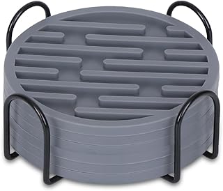 ALXBSONE 6Pcs Silicone Coasters, Coasters for Drinks, Cup Coasters with Metal Holder, Coaster Set, Non-Slip for Wooden Table,Bar,Fits Any Size of Cup(Grey)