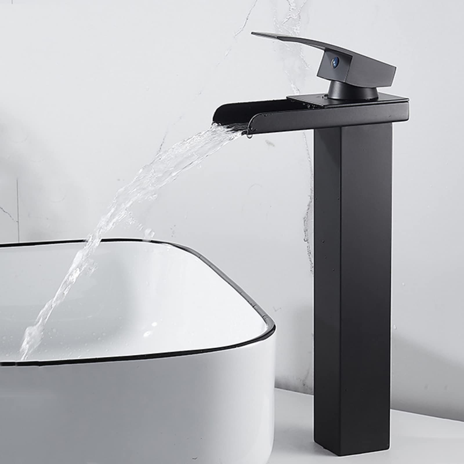 Wasserfallarmatur für Badezimmerwaschbecken, Edelstahl-Waschtischarmatur mit Einhebelmischer, Schwarz, Hoch (Farbe: Nero, Größe: Hoch)