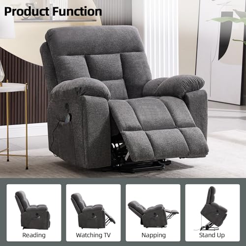 Image of CANMOV Large Power Lift Recliner Chair with Massage and Heat for Elderly Big and Tall People, Overstuffed Wide Recliners with 2 Cup Holders, Side Pocket and USB Port, Dark Grey