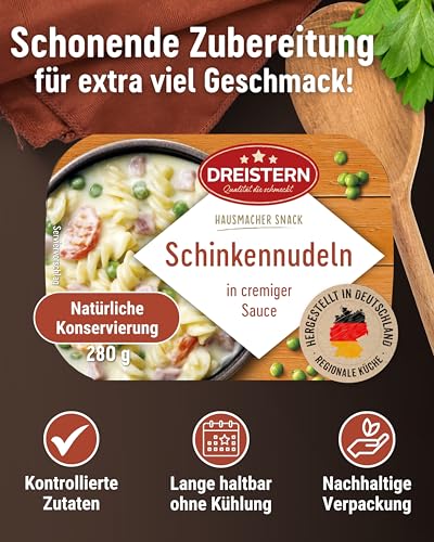 DREISTERN Schinkennudeln 280g I Mit Gemüse in Sauce I Herzhaftes Fertiggericht in Mikrowellenschale I Lange Haltbarkeit dank natürlicher Konservierung I Hausmacher Qualität – Bild 3